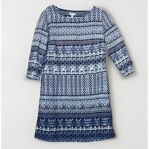 Garnet Hill Linen Dress 4 Black White Geometric Shift 3/4 Sleeve Casual